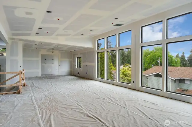 High ceilings and floor to ceiling windows!