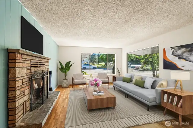 Cozy wood fireplace with tons of natural light