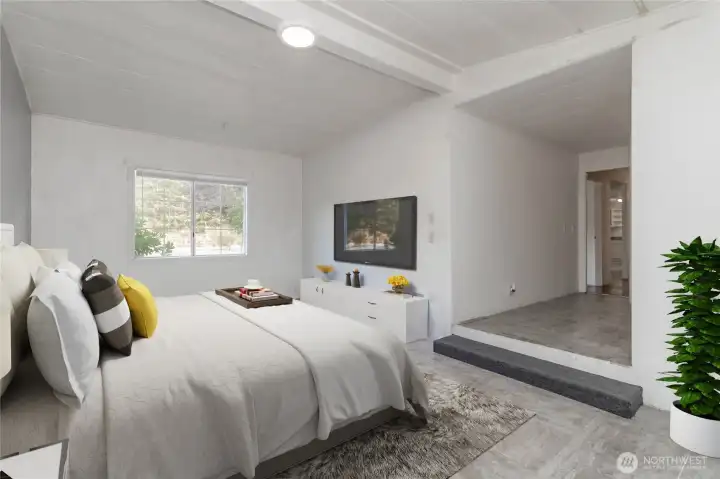 Virtually staged master bedroom.