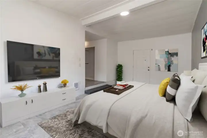 Virtually statged master bedroom.