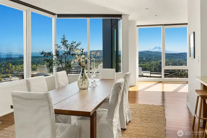 Light filled dining room with south facing views of magical Mt Rainier.