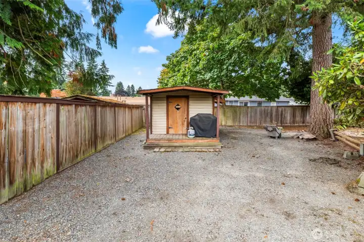 Storage shed for your yard tools in the backyard.
