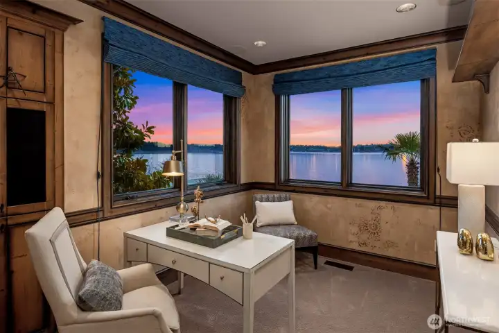 Second floor office has wrap around views of Lake Washington.