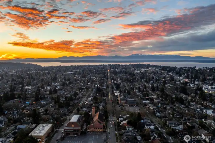 Breathtaking sunset views overlooking the city and Olympic Mountains.