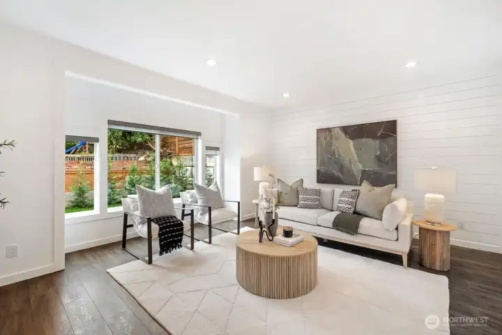 Formal Living Room with ship lap wall treatment