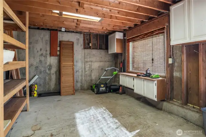 This spacious storage room can be the perfect shop or hobby room.
