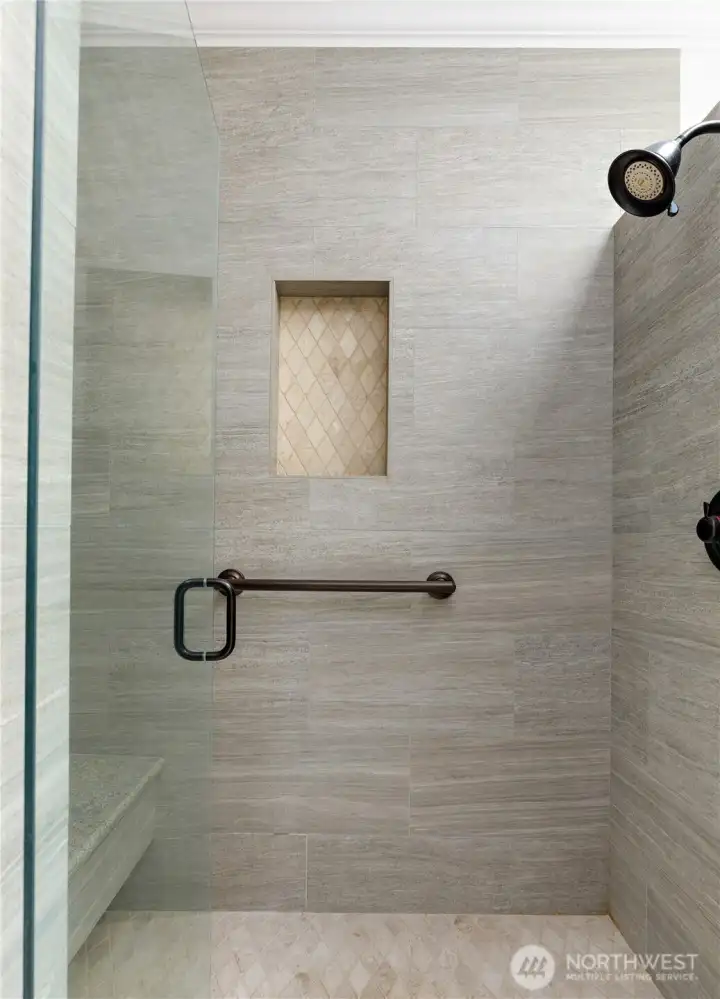Primary shower with bench seat Primary shower with bench seat