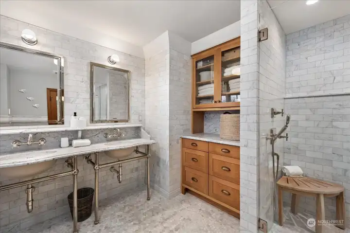 Primary ensuite with built-ins and large dual headed shower Primary ensuite with built-ins and large dual headed shower