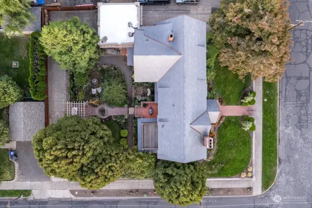 Aerial - slate roof, side driveway, corner lot view