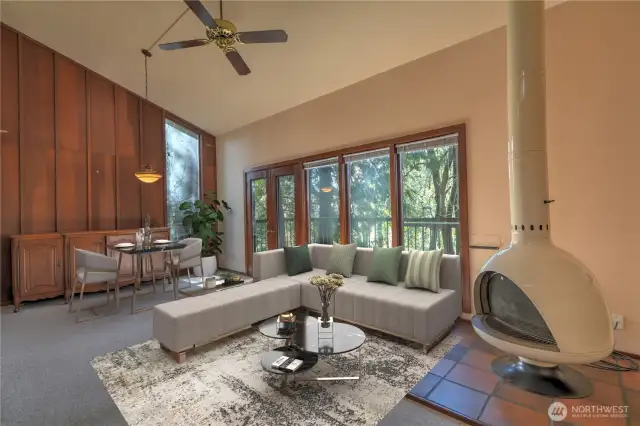 Living Room viewing to the French Doors & Deck-Virtually Staged