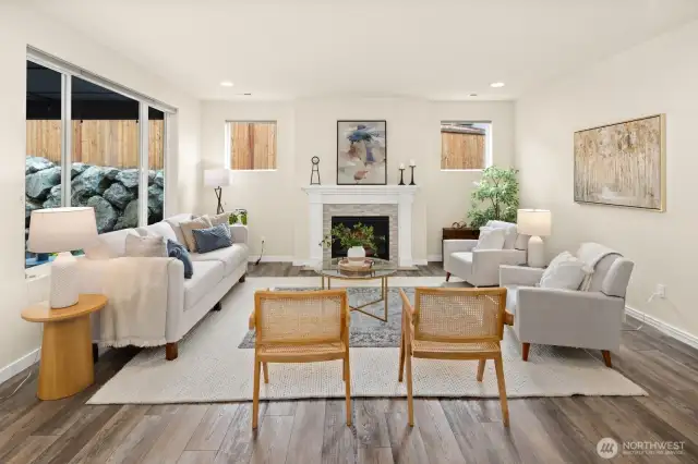 Spacious living room with picture perfect fireplace