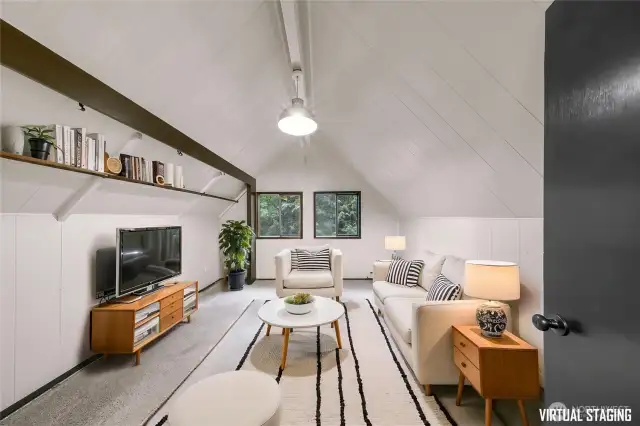Upstairs has been virtually staged three different ways (family room, office, or primary bedroom)
