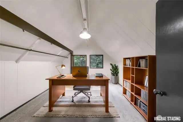 Upstairs has been virtually staged three different ways (family room, office, or primary bedroom)