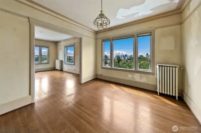 The south facing dining room also has city views and the space!