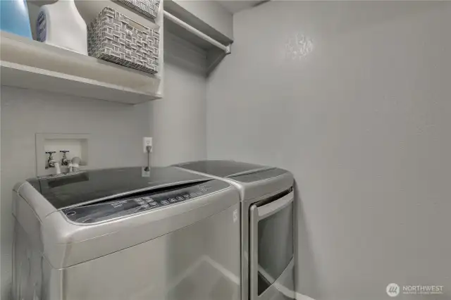 The utiliy room is equipped with a full sized washer and dryer plus storage!