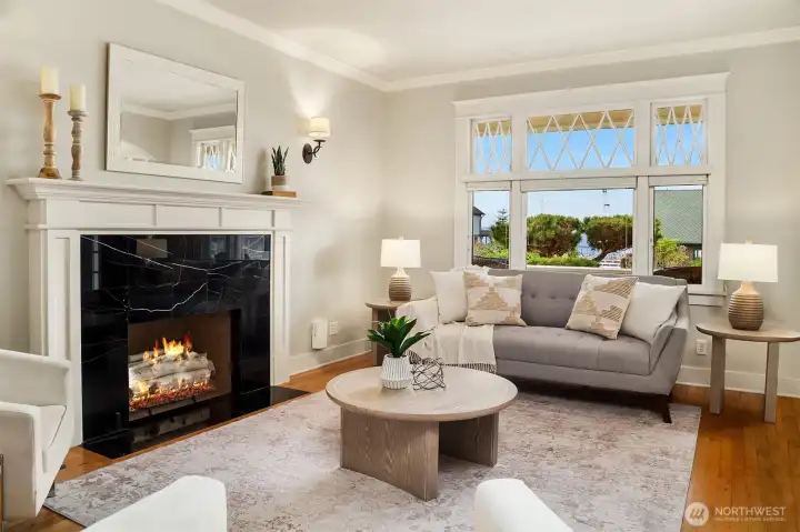 Gas fireplace with future insert option. Fire added for visual (buyer to verify functionality).