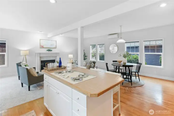 Family room extension with woodstove insert and mini-split heat pump.