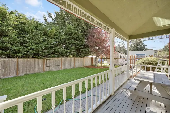 Back deck off the kitchen and dining room—spacious, private, and well-suited for everyday living or quiet evenings outdoors.