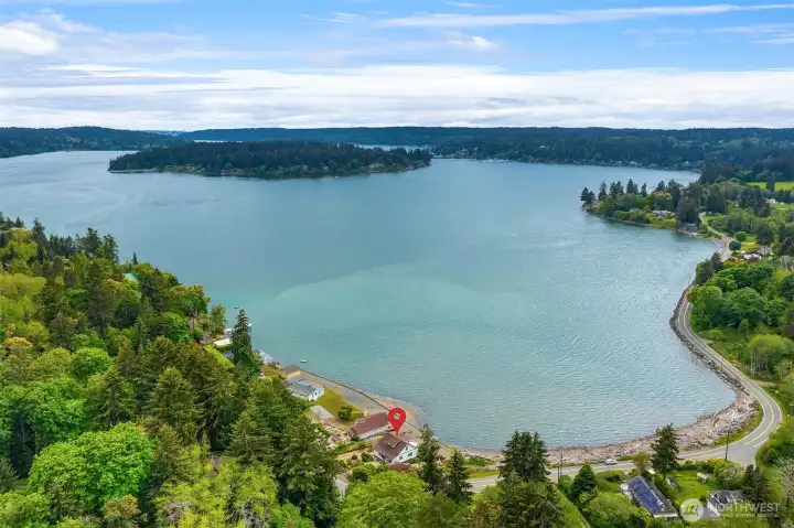 Looking south. Outer Quartermaster Harbor in the left distance; inner harbor and Quartermaster Marina and Quartermaster Yacht Club off to the right.