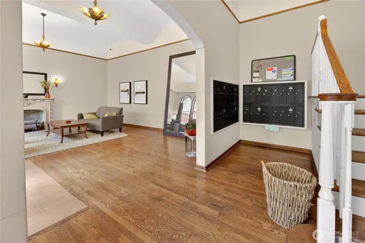 The gracious lobby serves as the heart of the building, where daily life begin. Secure mailboxes, elegant period details, and a welcoming common space make coming home a pleasure.