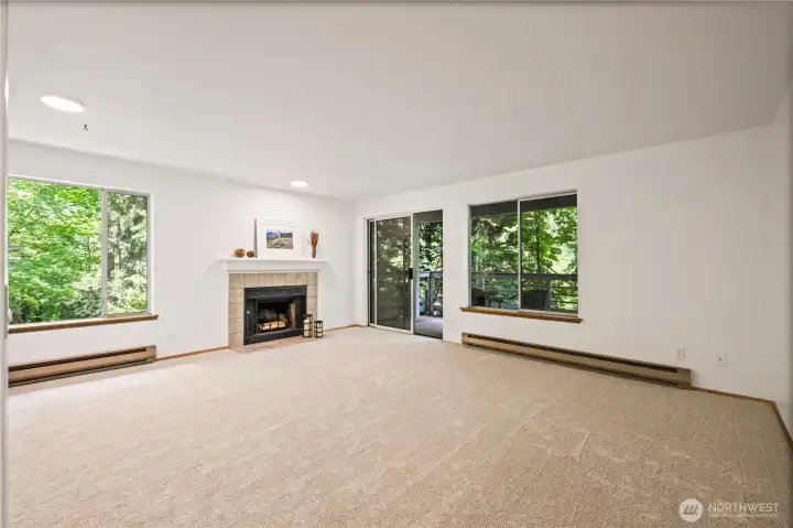 Living room with wood burning fireplace