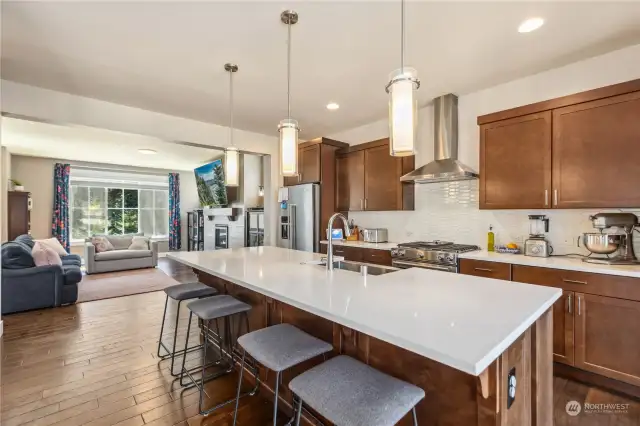 Distinctive Pendant Lighting hover over the oversized quartz island.  Plenty of seating (5-6) and miles of countertop space!  Stainless Steel Appliances and Gas Range!