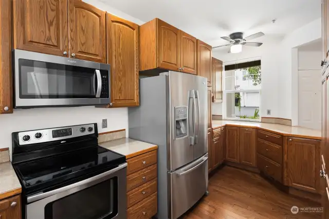 The kitchen was remodeled to include abundant cabinet space.