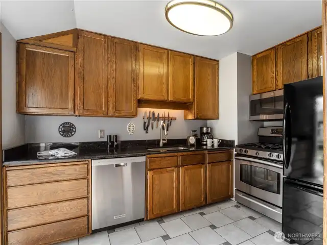 There is plenty of storage in the kitchen cabinets.