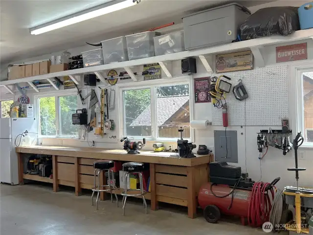 Shop work bench with compressor