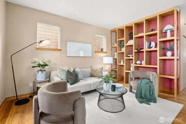 Built-in bookshelves in living room.