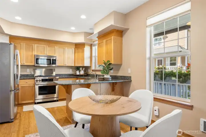 Newer appliances and solid surface counters.