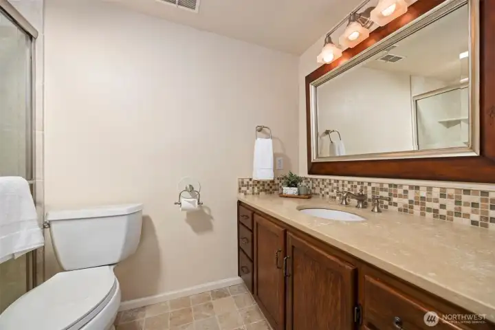 The vanity in the second bath on the lower level is very spacious and ha a gorgeous granite or marble counter.