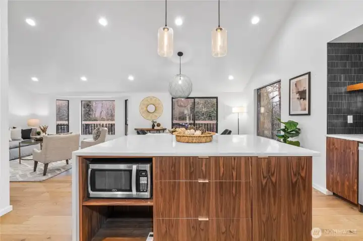 Island kitchen with views to the backyard