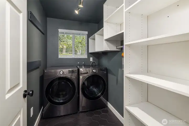 Utility room with full size washer and dryer plus plenty of storage space