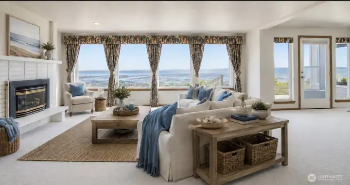 Virtually staged living room with gas fireplace
