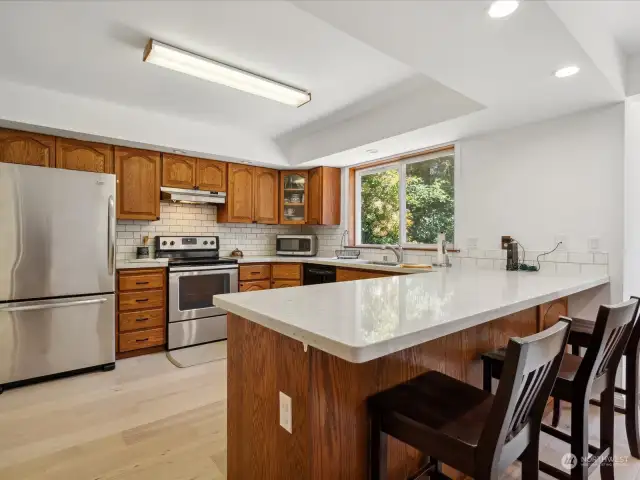 Gorgeous updated quartz countertops with great space for meal prep.