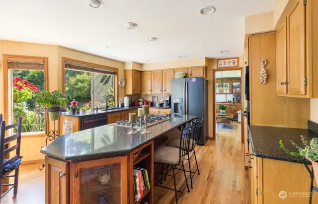 Large up-dated kitchen, with gas stove in island, and a view of the spectacular backyard.