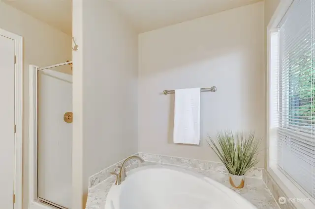 The separate walk-in shower adds an extra touch of luxury to the primary suite.