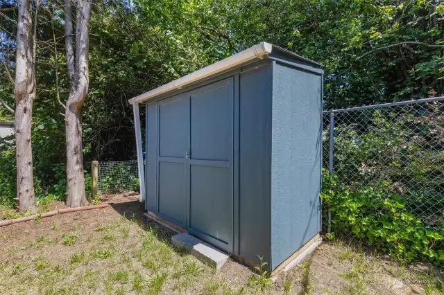 A handy shed in the backyard offers extra storage for tools, outdoor equipment, holiday items and more.