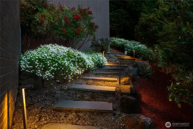 Beautiful landscape uplighting, creating a soothing ambiance.
