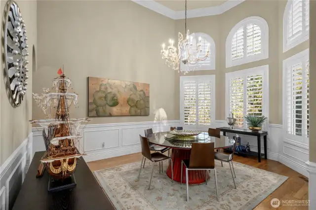 Formal dining room with stunning Swarovski lighting