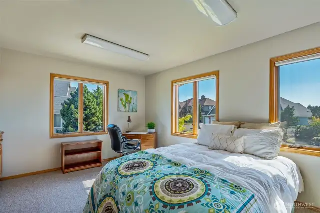 Main floor bedroom offers flexibility as a cozy guest retreat or a light-filled home office—with three windows capturing peaceful neighborhood views and generous natural light.