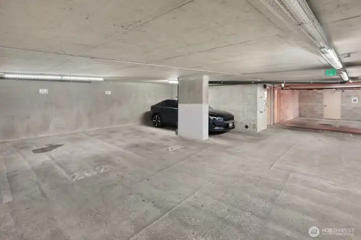 Secure parking garage in the building behind unit. Short walk up the back stairs.