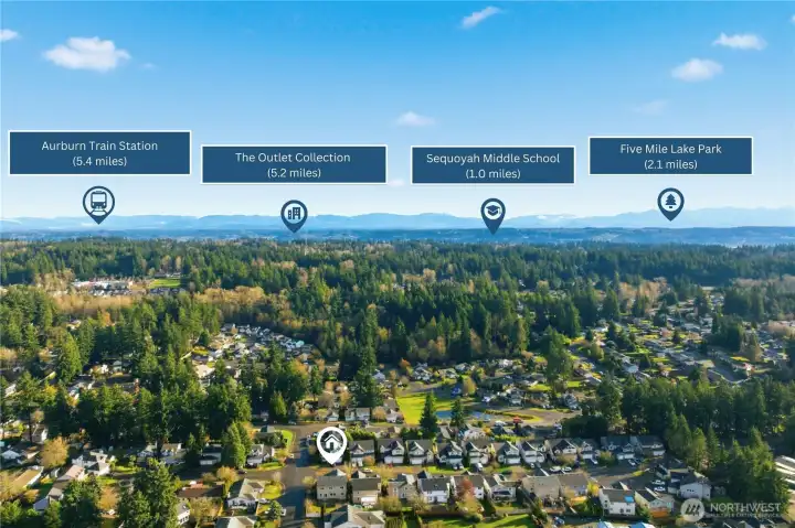 Aerial view highlighting the home’s convenient access to Auburn Train Station, nearby shopping at The Outlet Collection, local schools, and Five Mile Lake Park.