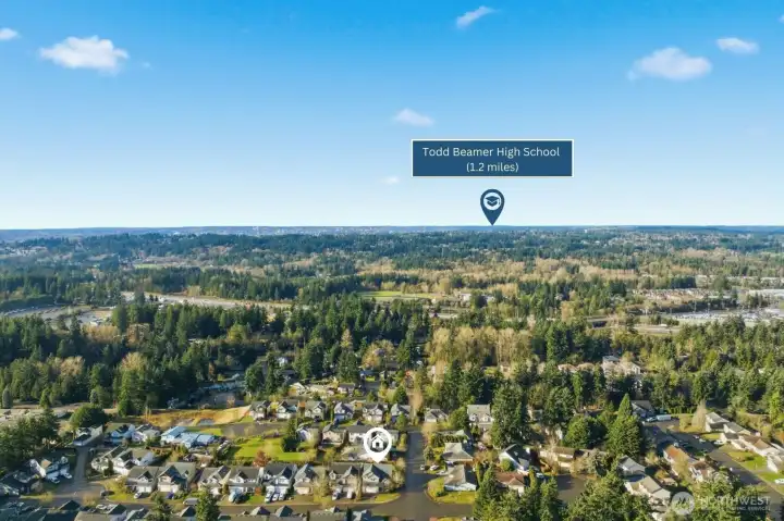 Aerial overview emphasizing close proximity to Todd Beamer High School, all within a well-established neighborhood.