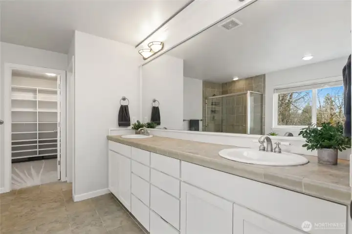 Primary suite attached bathroom with large walk-in closet