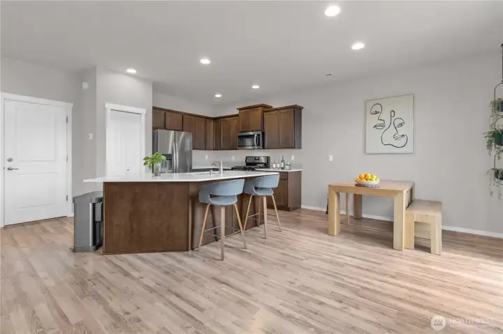 View of your kitchen from living/dining areas. The island is great for entertaining!