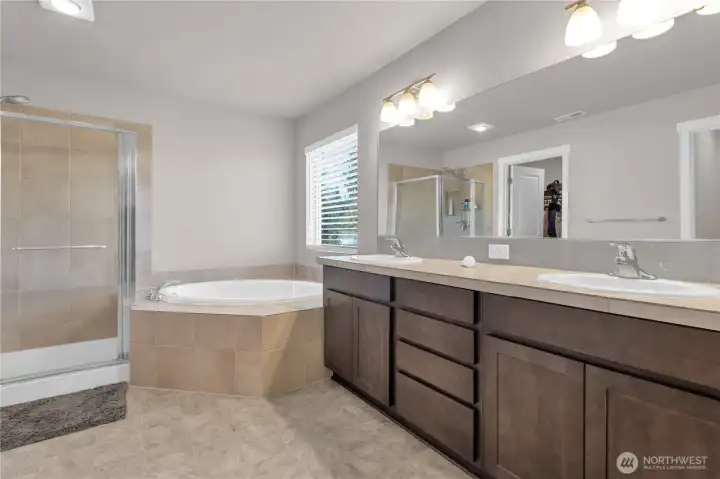Primary ensuite bath view two, HUGE double vanity and mirror, plenty of storage.