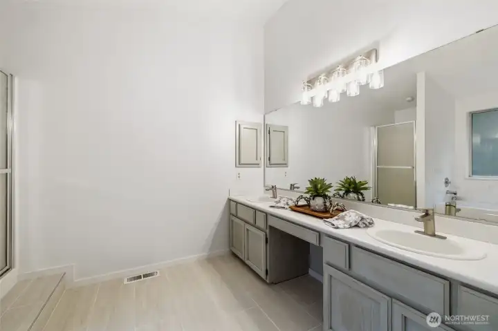 Freshly stained cabinets.