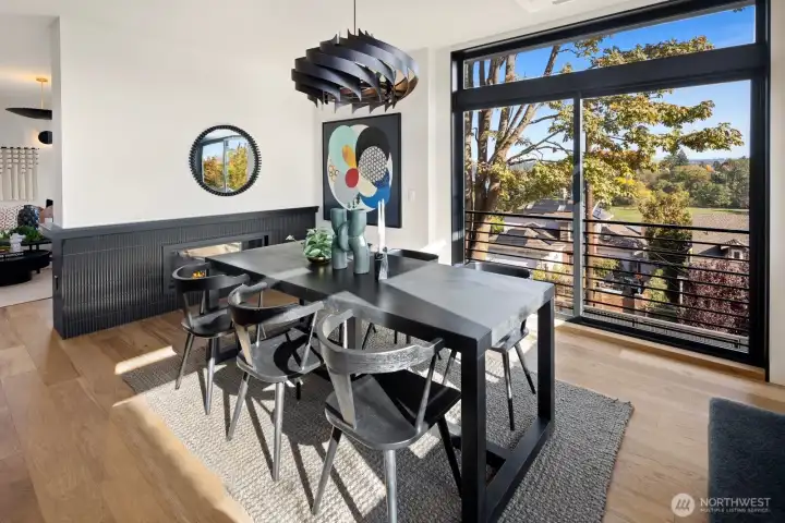 Dining room has a see-through fireplace. Living room is on the other side.